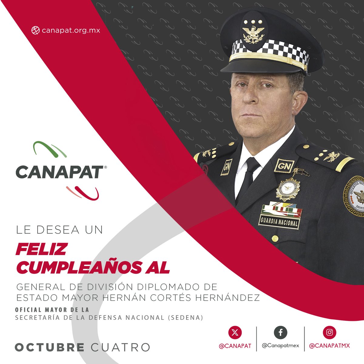 CANAPAT's tweet photo. En nombre del Consejo Nacional Directivo de la #CANAPAT enviamos felicitación al General Hernán Cortés Hernández con motivo de su cumpleaños.

@Virginia_Olalde 

#EjércitoMexicano https://t.co/uCRVDVIvcP