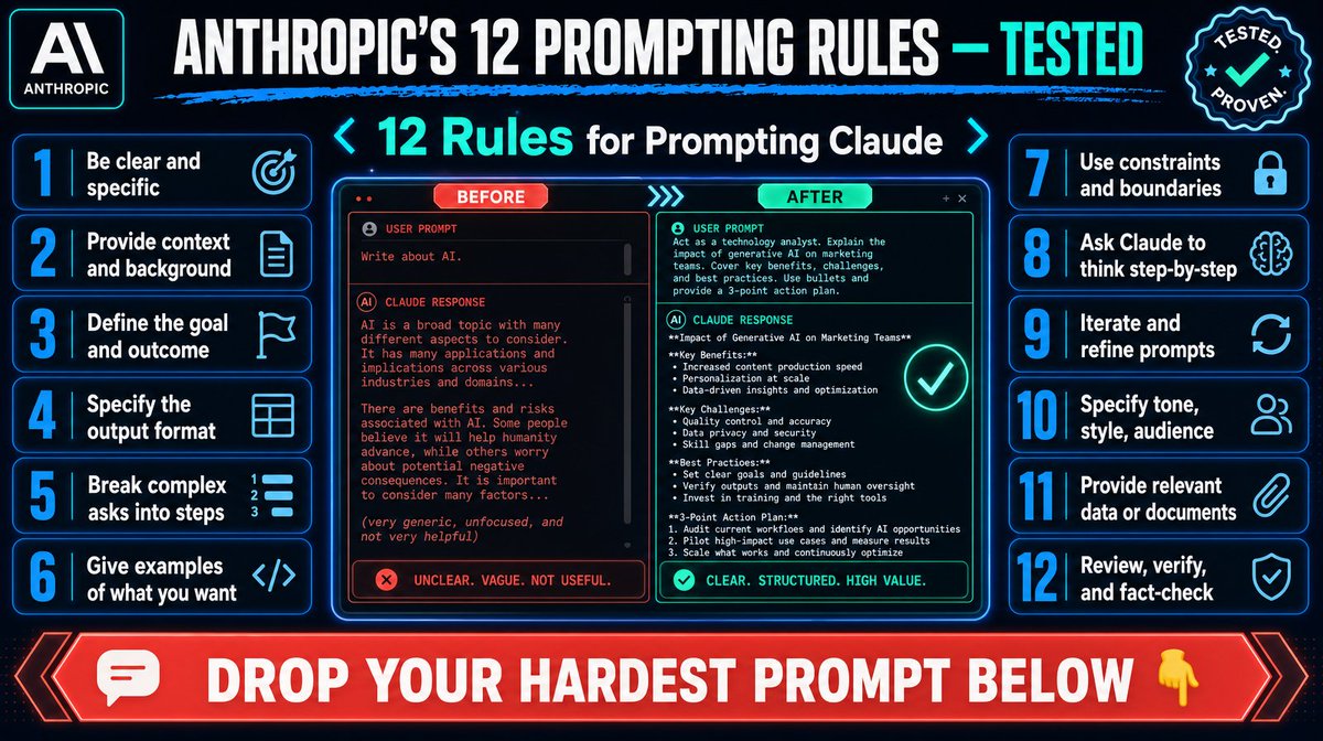 LawtonSolution's tweet photo. Anthropic just published 12 rules for prompting Claude.

I tested every one.

Before vs after. Live output. You'll see exactly what changes.

Drop your hardest prompt below — I'll show which rule fixes it next video. https://t.co/WHUThYVBQ1