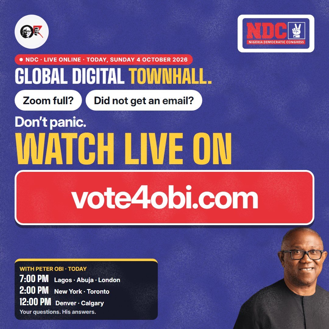 Vote4OK2027's tweet photo. 🔴 WE ARE LIVE!

The NDC Global Digital Townhall with Peter Obi is happening right now.

Zoom full? Didn't get an email? Don't panic. Watch live at https://t.co/B8S1cODhAd 👉 https://t.co/B8S1cODhAd

Your questions. His answers. Join us now.

#GlobalDigitalTownhall #NDC #vote4obi2027 #ANewNigeria #NigeriaWillBeOK