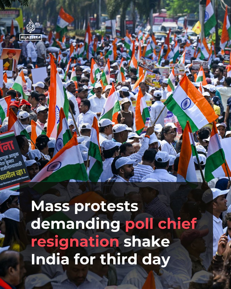 AJEnglish's tweet photo. Thousands of people marched in India’s Mumbai and New Delhi for a third day, demanding the resignation of Election Chief Gyanesh Kumar over reports that he oversaw voter-roll revisions that removed millions from electoral lists.

🔗: https://t.co/0QPnSZxUkd https://t.co/p1zaF8F9Qq