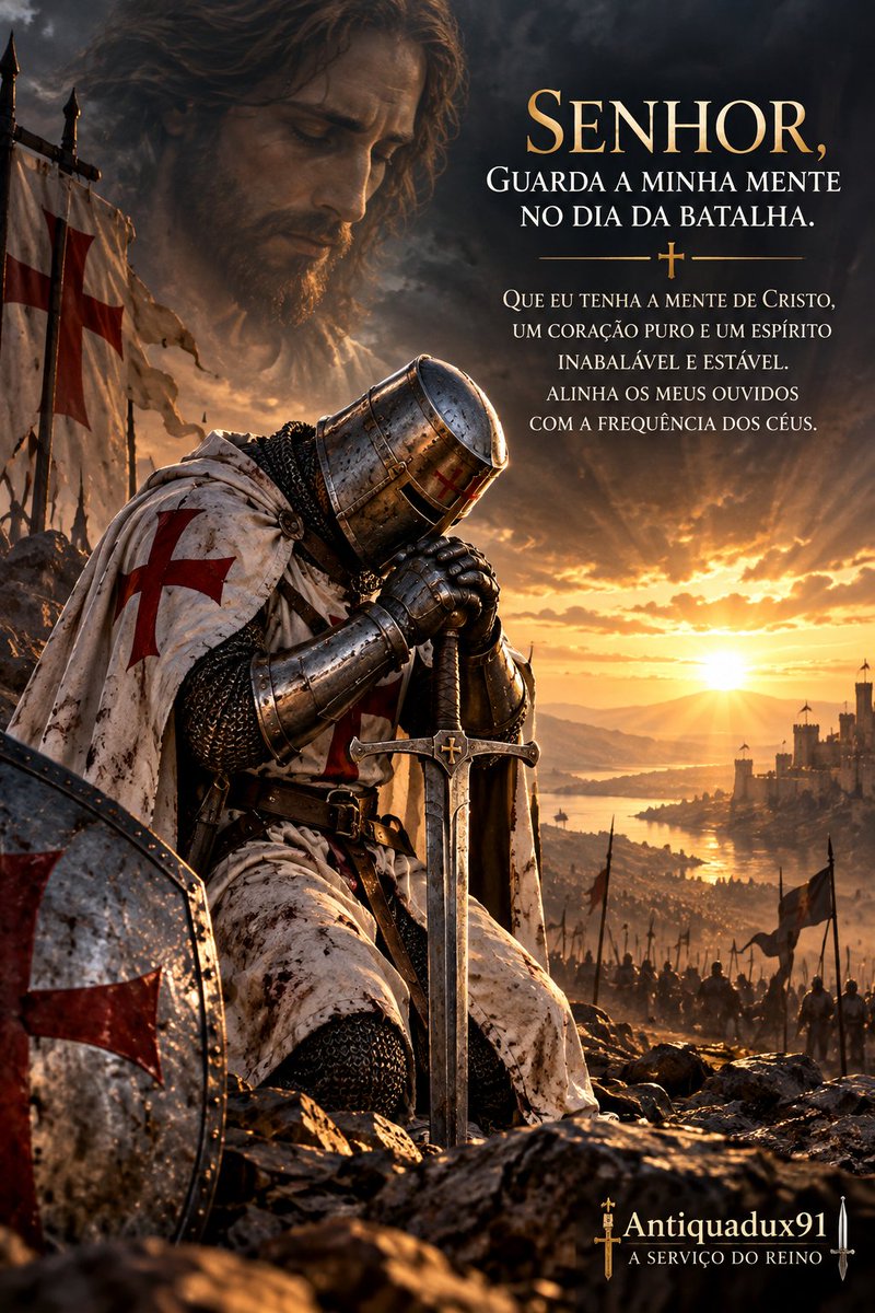 antiquadux91's tweet photo. Senhor, guarda a minha mente no dia da batalha.

Quando os pensamentos se levantarem contra mim, lembra-me de que eu tenho a mente de Cristo.

Cria em mim um coração puro e renova dentro de mim um espírito firme, inabalável e estável.

Não permitas que o medo, a dúvida ou a inquietação determinem meus passos.

Que a Tua Palavra seja maior que aquilo que meus olhos enxergam e que a Tua voz seja mais forte que todo ruído ao meu redor.

Alinha os meus ouvidos com a frequência dos céus.

Ensina-me a reconhecer a Tua voz, obedecer à Tua direção e permanecer em silêncio quando for necessário apenas confiar.

Que minha mente permaneça em Cristo, meu coração permaneça em Ti e meus passos permaneçam firmes no caminho.

Eu não quero apenas vencer batalhas.
Quero permanecer fiel ao Senhor dentro delas.

Em nome de Jesus, amém.

⚔️✝️ Antiquadux91 — A serviço do Reino