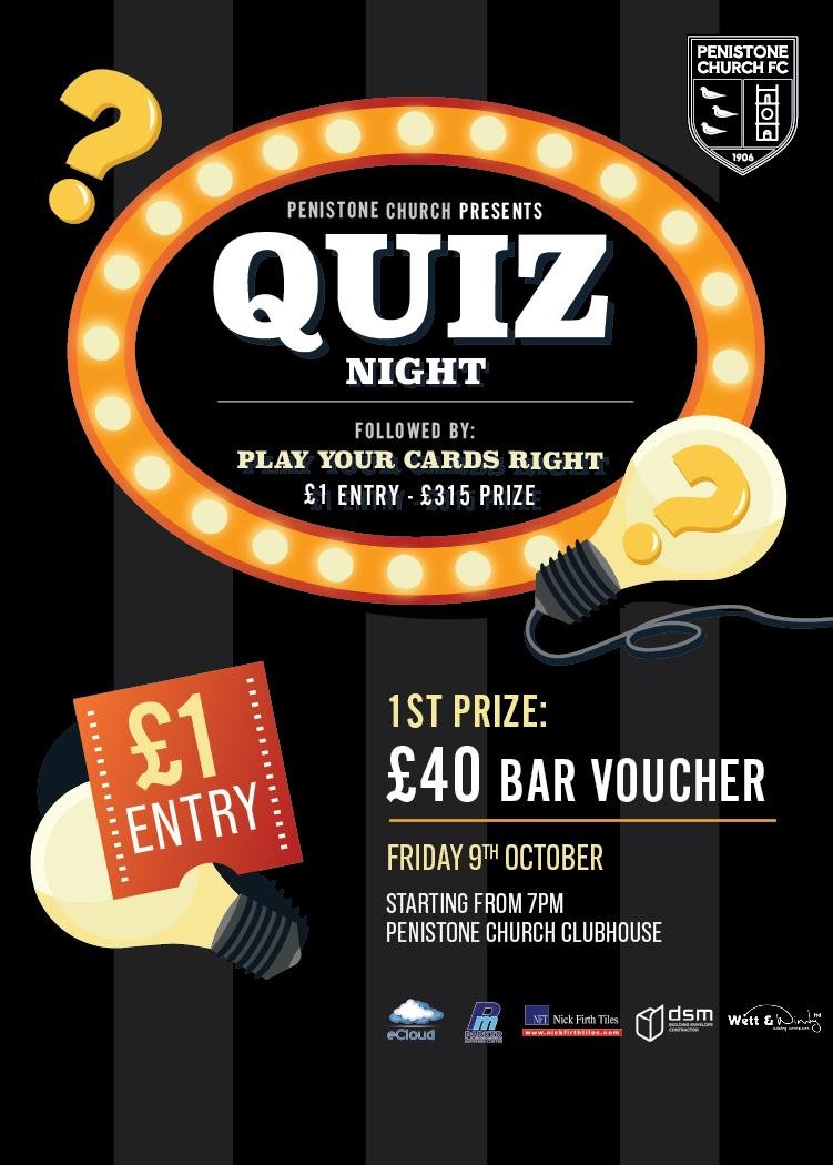 pcfc1906's tweet photo. 🗒️ Quiz Night 🗒️

Friday 9th October 

Bar opens at 6pm 
Quiz starts around 7pm 

Playe you cards right now £315.

Head on down early to grab your lucky seat. https://t.co/Vkj018aMeB