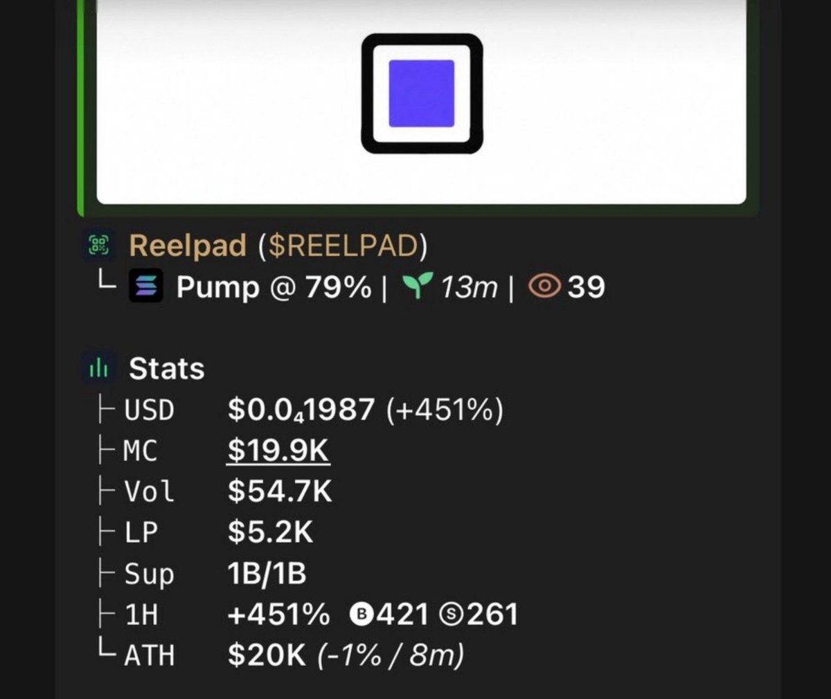 21Huncho_sol's tweet photo. 💎 Aped $Reelpad at $19.9k mcap → currently $200k mcap in my alpha TG
That’s a solid 10.0x gain 🚀🚀
📩 DM if you want to join my alpha TG 🔥📉
⛓️ #Solana #memecoin #CryptoTrading https://t.co/A84vSqY08O