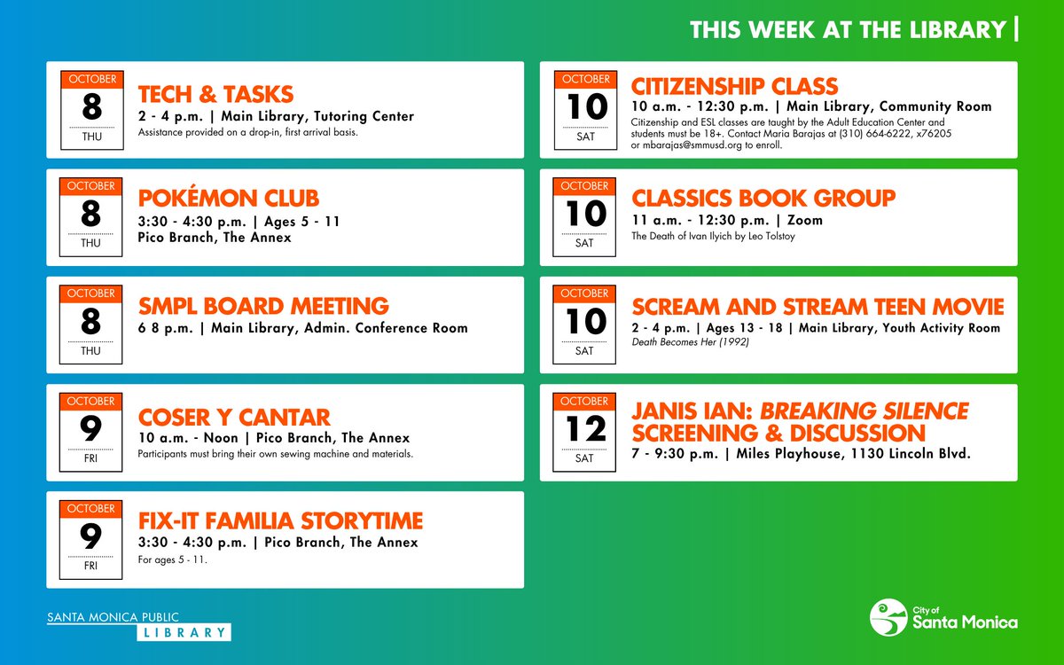 SMPublicLibrary's tweet photo. This Week at the Library, connect with a neighbor over your favorite films, games, and books. 📽️🎲📚

Plan your library visits: https://t.co/dS29nOmDaA https://t.co/7rcTEAI1gt