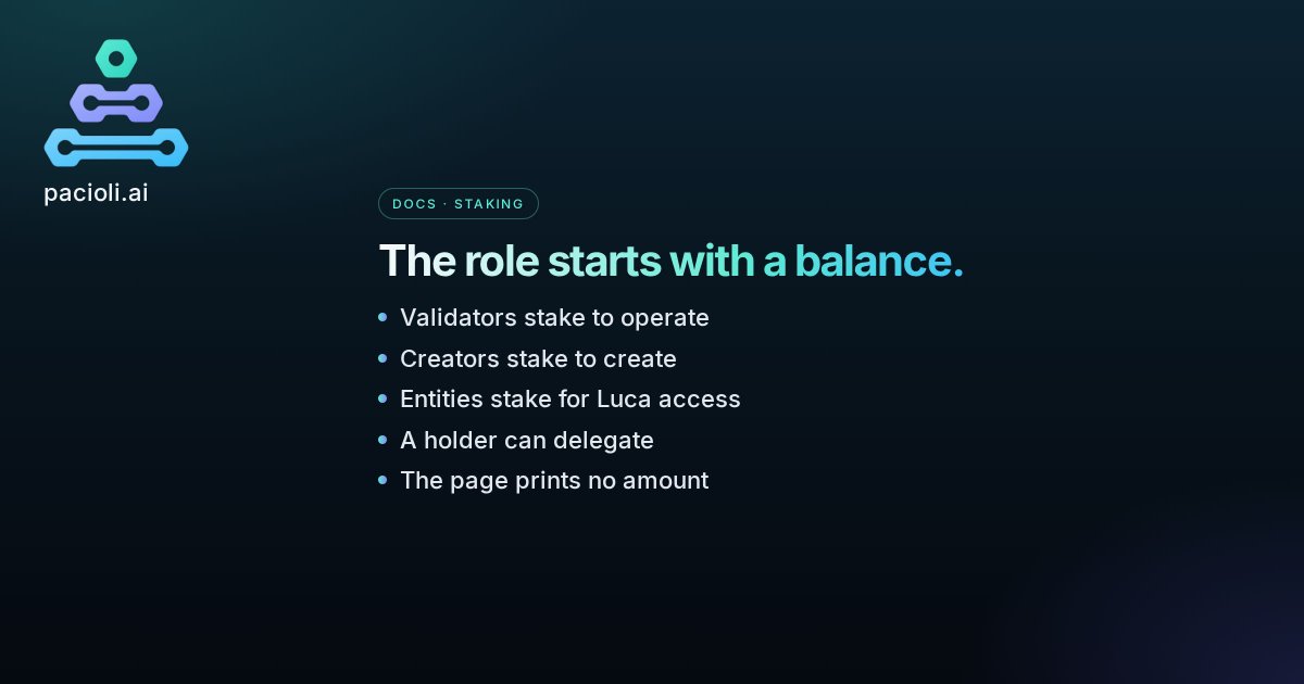 succeed_chandra's tweet photo. Three roles on the staking page start with a balance of AUDT.

The page says a validator stakes in order to operate, a creator of process controls stakes in order to create, and a reporting entity stakes for access to the Luca Suite. A holder who is not running the work can delegate that balance.

The page also describes being paid when controls are used. That is a reward sentence. It is not repeated here. This note stays on the requirement. The page says the balance comes first, and it does not print the amount.

https://t.co/MRSqm8qTtz
https://t.co/p62PbrppDQ

@Auditchain
@pacioli_ai
$AUDT