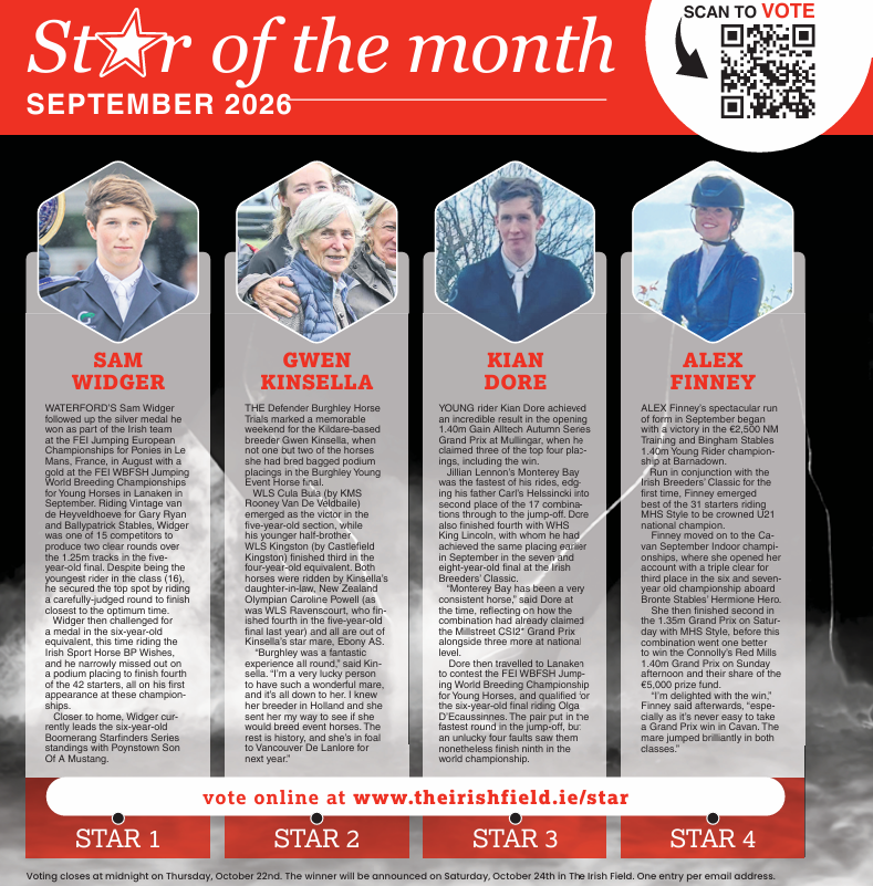 GAINEquine's tweet photo. Vote for your GAIN Equine Nutrition / The Irish Field September Star of the Month 🏆
Voting closes at midnight on Thursday, October 22nd. The winner will be announced on Saturday, October 24th, in The Irish Field. Vote now 👇
https://t.co/ZhKGtXUN2z
#StaroftheMonth https://t.co/55zx1rhXU9