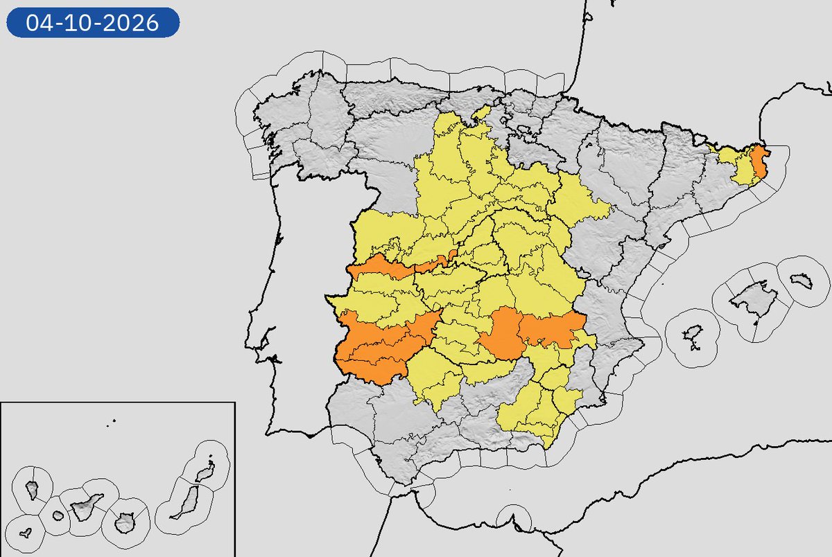 AEMET_Esp's tweet photo. 04/10 20:06 AVISOS HOY Y MAÑANA | España: tormentas y lluvias. Nivel máximo de aviso: naranja.
Actualizaciones en https://t.co/BLdoSsO2Qv https://t.co/erv0fmLY6b