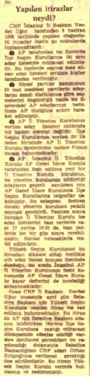 SecimHarita's tweet photo. YSK, 10 Temmuz 1968'de AP'nin İstanbul ilinde İl Genel Meclisi ve Belediye Meclisi seçimlerinde aldığı oyları geçersiz kıldı. Gerekçede AP'li adayların belirlenmesinde kanunlara ve AP tüzüğüne aykırı davrandığı öne sürülmekteydi.
Gerekçe açıklanana kadar kaos dolu günler yaşandı. https://t.co/Ua6TTk2vFS