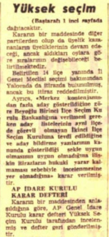 SecimHarita's tweet photo. YSK, 10 Temmuz 1968'de AP'nin İstanbul ilinde İl Genel Meclisi ve Belediye Meclisi seçimlerinde aldığı oyları geçersiz kıldı. Gerekçede AP'li adayların belirlenmesinde kanunlara ve AP tüzüğüne aykırı davrandığı öne sürülmekteydi.
Gerekçe açıklanana kadar kaos dolu günler yaşandı. https://t.co/Ua6TTk2vFS