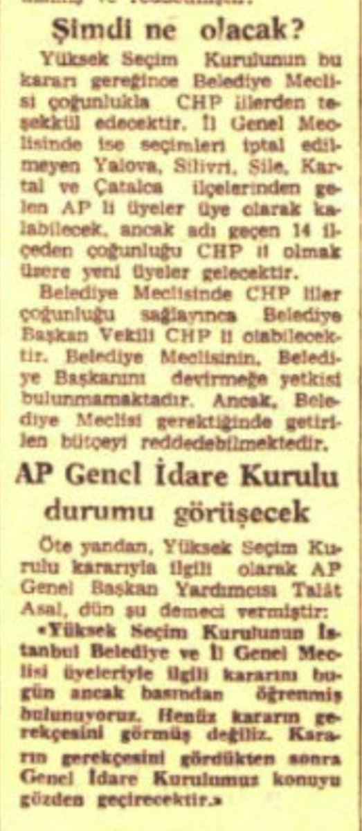 SecimHarita's tweet photo. YSK, 10 Temmuz 1968'de AP'nin İstanbul ilinde İl Genel Meclisi ve Belediye Meclisi seçimlerinde aldığı oyları geçersiz kıldı. Gerekçede AP'li adayların belirlenmesinde kanunlara ve AP tüzüğüne aykırı davrandığı öne sürülmekteydi.
Gerekçe açıklanana kadar kaos dolu günler yaşandı. https://t.co/Ua6TTk2vFS