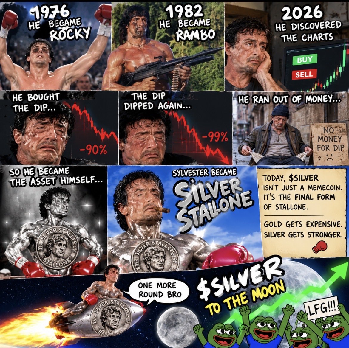 stallonecoin's tweet photo. Before crypto had bulls and bears, it had one fighter. 🥊

Stallone trained for decades. Then he discovered the charts.

He bought the dip.
It dipped again.
He bought again.

He ran out of money… so he became the asset.

Sylvester became SILVER. 🥈

$stallone — One more round… https://t.co/HI2yGDv5ak