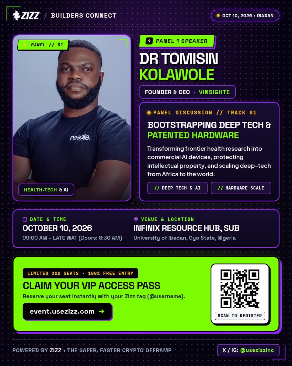 usezizz's tweet photo. Panel 1 Speaker: Dr. Tomisin Kolawole

Founder &amp; CEO of Vinsighte joins ZIZZ Builders Connect to unpack Deep Tech &amp; Patented Hardware. 🚀

📍 Ibadan | 🗓 Oct 10
🎟️ FREE ENTRY
🔗 https://t.co/gSnINYc1Jx https://t.co/mDKK42WMGe