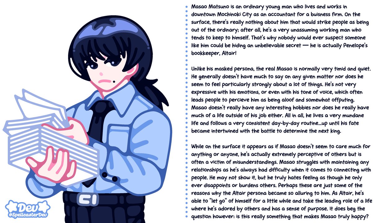 SpellcasterDev's tweet photo. [OC] Meet Masao! 💼✨️

He's an ordinary working man from Mochinoki City who also just so happens to be Penelope's masked partner, Altair! 

Masao's true self is nothing like Altair, so why does he act under that persona anyways?

Reference sheet included in thread!)

#zatchbell https://t.co/4okFNBI2v8