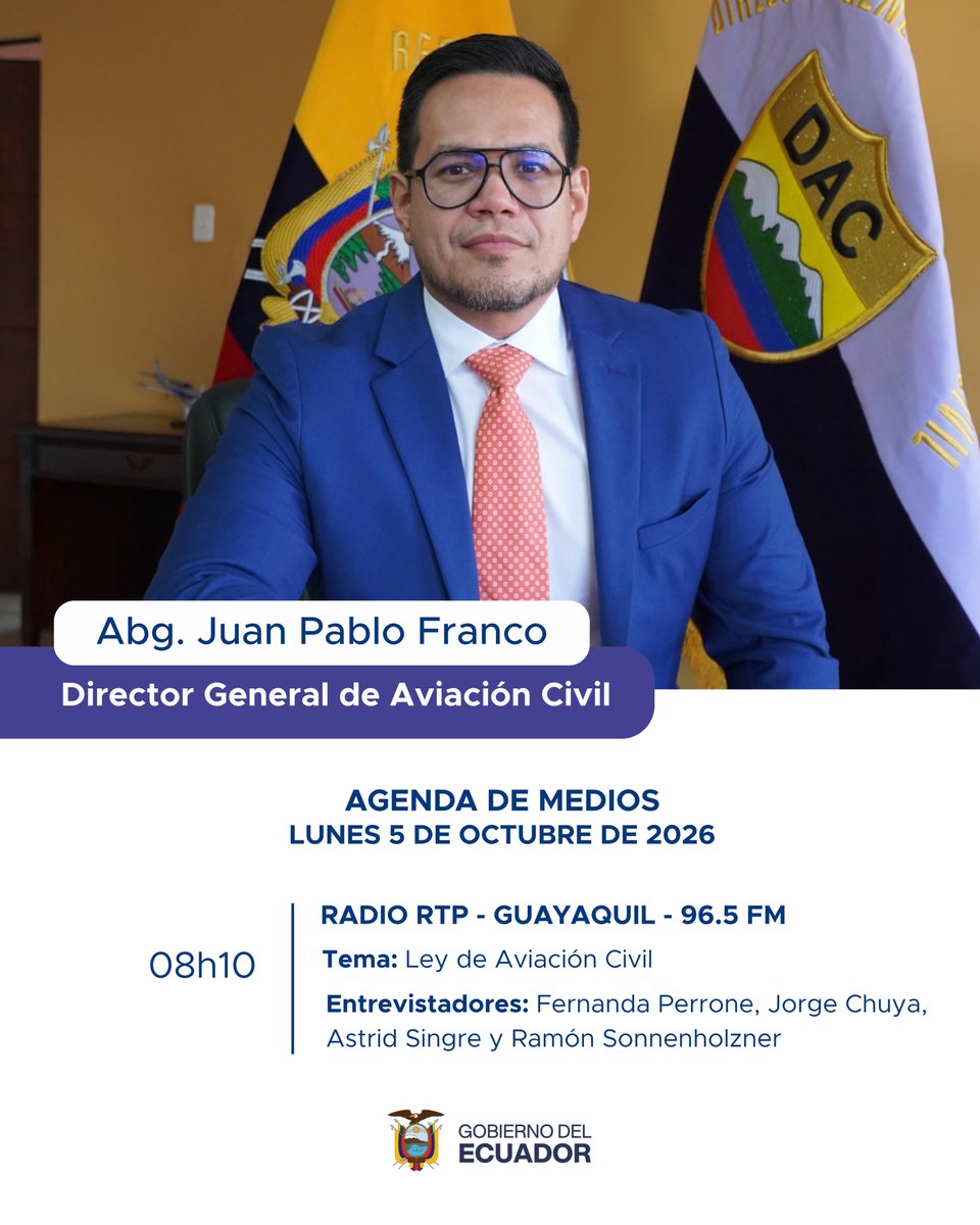 DGAC_Ecuador's tweet photo. #AgendaDeMedios | Este lunes 5 de octubre, el Abg. Juan Pablo Franco, Director General de Aviación Civil, estará presente en @RtpEcuador para informar a la ciudadanía sobre los detalles de la Ley Orgánica de Aviación Civil. 🇪🇨🛫🎙️ https://t.co/8XRIZciwTK