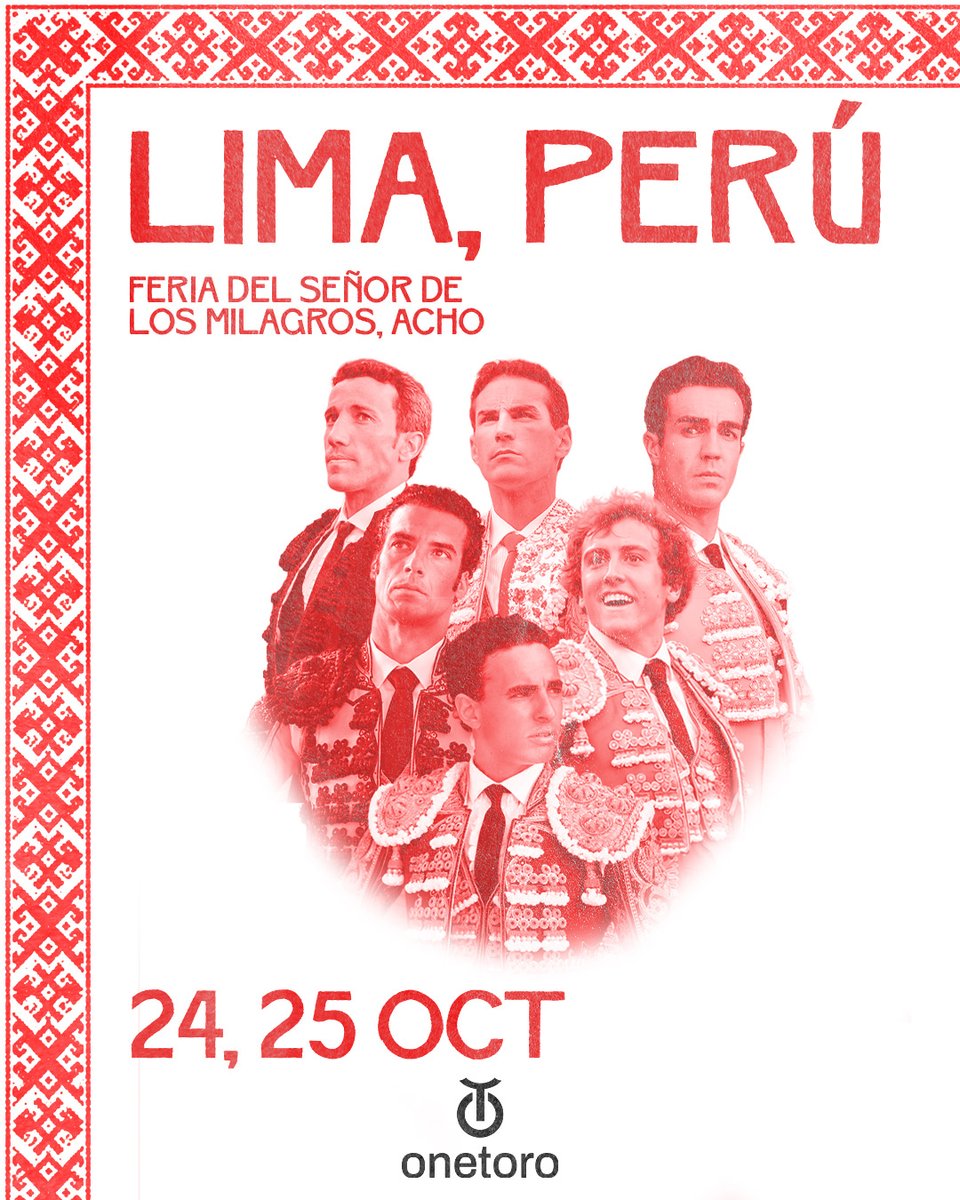 OneToroTV's tweet photo. La primera confirmación del invierno en OneToro: Acho 🇵🇪

📺  La Feria del Señor de los Milagros de Lima se verá por primera vez en la televisión de los toros

Apunta los días y los carteles: 

✔️ Sábado 24 de octubre: Toros de El Capea y Carmen Lorenzo para Fernando Adrián, David de Miranda y Tomás Rufo.

✔️ Domingo 25 de octubre. Toros de Victorino Martín para Morenito de Aranda, Román y Joaquín Galdós.