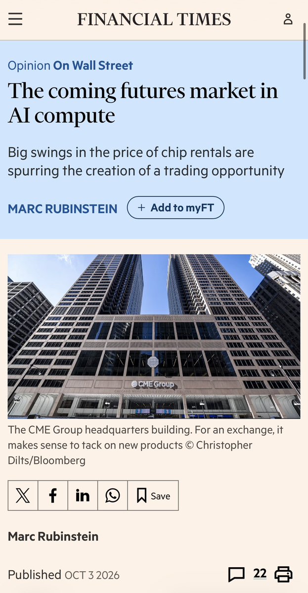 carmenli's tweet photo. Pretty cool to see this in the @FT.

“The coming futures market in AI compute” — with @Silicon_Data’s H100 rental index telling the story.

The volatility is exactly why this market needs benchmarks and derivatives.

You can’t hedge what you can’t price.

Compute is becoming an asset class. https://t.co/tVZGZC74Nb