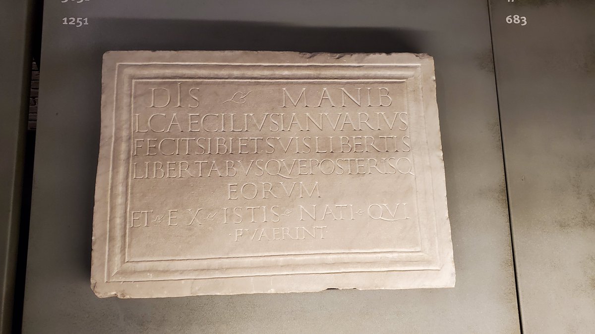 ProfTCSchmidt's tweet photo. Second century tomb inscription from Ostia 

Dis Manib(us).
L(ucius) Caecilius Ianuarius 
fecit sibi et suis, libertis,
libertabusque posterisq(ue)
eorum
et ex istis nati qui
fuaerint (!)

For the souls departed. Lucius Caecilius Januarius saw to (the making of this tomb) for himself, for his family, his freedmen and freedwomen, their descendants and whoever is born of them.