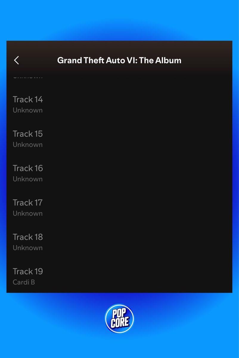 BLKPopCore's tweet photo. Fans are speculating that Cardi B will be featured on the GTA 6 soundtrack after Spotify revealed her as the artist behind the previously hidden Track 19. https://t.co/zqbAEKINcj