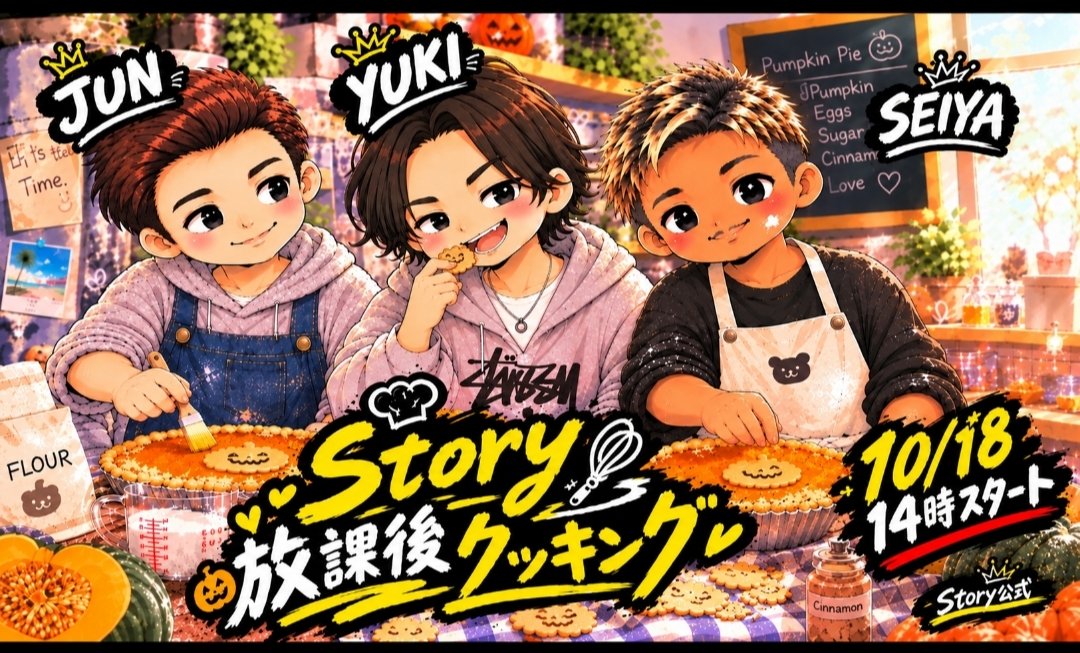 Storyseiya's tweet photo. 変な時間にふと目が覚めたので���ストします🥱

Story 放課後クッキングキャス
10/18 14時からやります！

ハロウィン前なのでかぼちゃを使ったお菓子を作ります🎃🎃🎃

出演じゅんくん、ゆきくん、せいや

出来たお菓子は当日、翌日の3人のお客様にも食べてもらいたいです✨️
絶対に失敗できない〜😂 https://t.co/kYqIYF3IuD