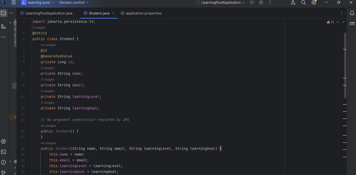 _Satya_madhavi's tweet photo. Day 18 🚀

Started building my Learning Pool backend today.
• Created the Spring Boot project
• Connected PostgreSQL using pgAdmin
• Created the Entity package
• Built my first Student entity with constructors, getters &amp; setters
#100DaysOfCode #Java #SpringBoot #Backend https://t.co/7C3yUuJriK