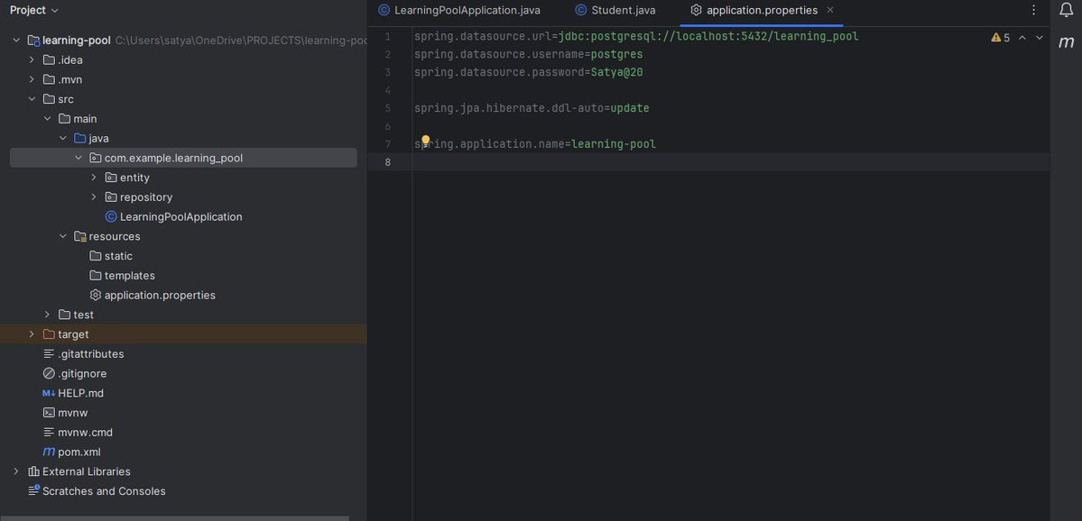 _Satya_madhavi's tweet photo. Day 18 🚀

Started building my Learning Pool backend today.
• Created the Spring Boot project
• Connected PostgreSQL using pgAdmin
• Created the Entity package
• Built my first Student entity with constructors, getters &amp; setters
#100DaysOfCode #Java #SpringBoot #Backend https://t.co/7C3yUuJriK
