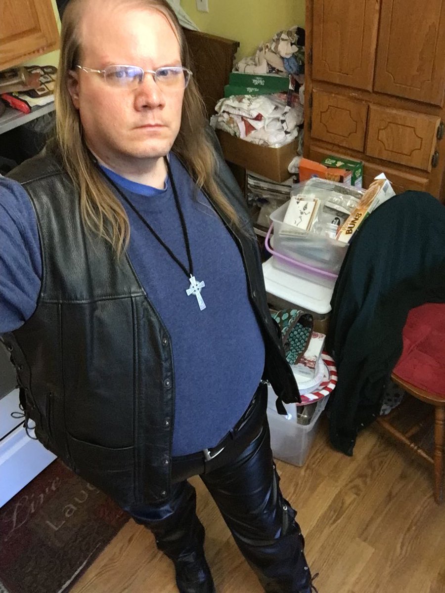 MikeSmith251981's tweet photo. For church I wore a blue sweater,third pair of leather pants, leather vest, Celtic Cross and black leather boots. #OOTD #LeatherPants #CelticCross #Leather #LeatherVest https://t.co/HjqLTqyE1P