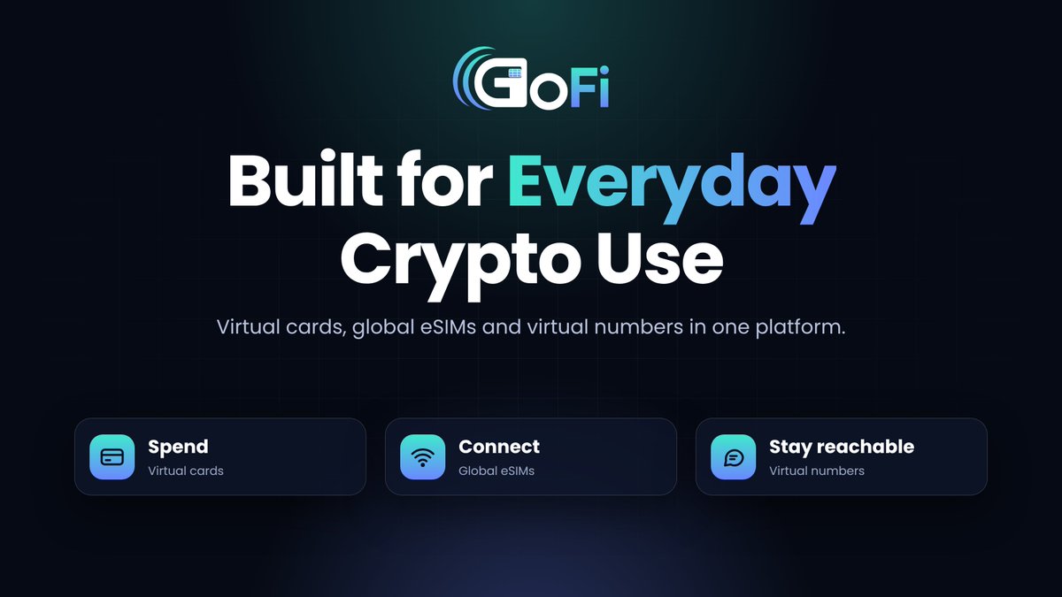 GoFiCash's tweet photo. Most crypto products are built around trading, swapping, or holding.
GoFi is focused on utility.
Use crypto to access services like cards, mobile data, and virtual numbers from one platform instead of relying on multiple separate providers. https://t.co/SnTuhtZeBJ