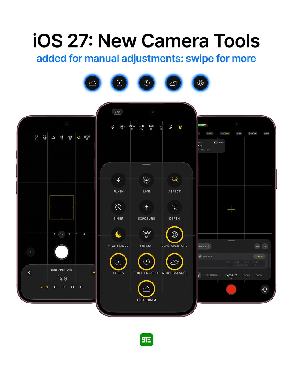 9techeleven's tweet photo. [thread] Apple introduced new camera tools for manual adjustments for both video and photos with iOS 27. Swipe for more details.

These tools are available when shooting videos or taking photos, offering more flexibility to users who prefer manual controls similar to a DSLR camera.