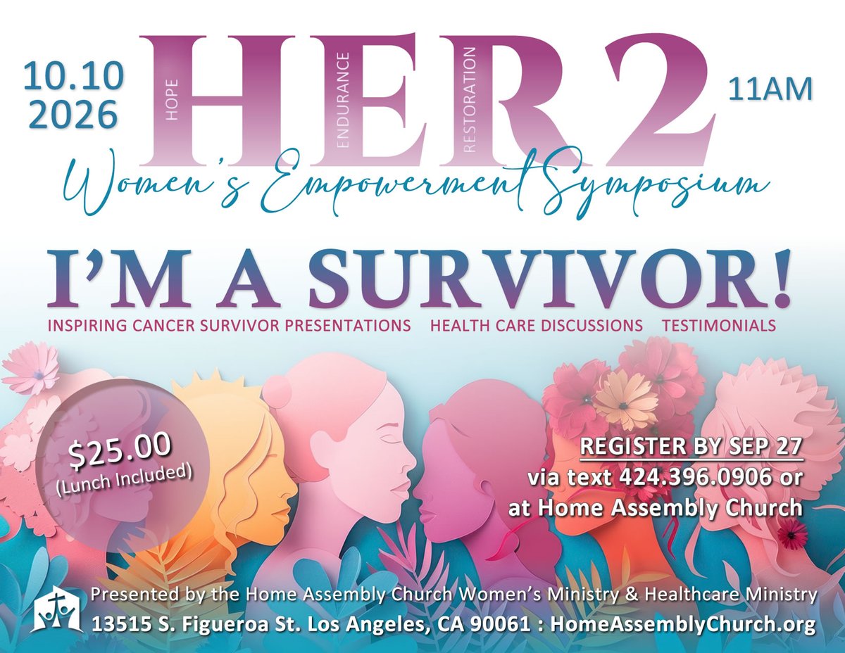 TheHomeAssembly's tweet photo. Ladies, our symposium is this Saturday, but there's still time to register!

$25 registration includes event materials and lunch.

Register via text to 424.396.0906. You may pay at the door.

#HER #Empowerment #HomeAssemblyChurch https://t.co/dCg3ctrZmt
