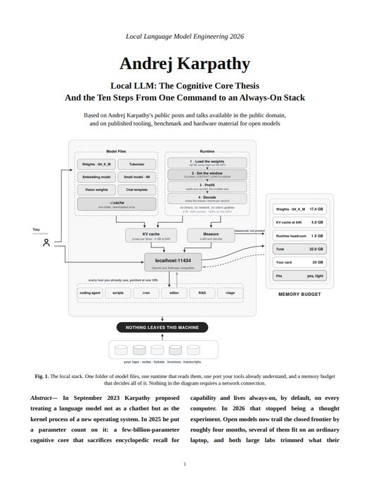 0xVarian's tweet photo. Andrej Karpathy predicted the future of AI once again:

"Everyone's renting frontier models for jobs a local 3B could do. Small local LLMs are the future - and 2026 is the year the economics flip"

this 18-page PDF breaks down Karpathy's case for running the cognitive core on your own machine, in 10 commands flat.

the real question isn't "is the local model as smart?"

it's "which of my 1000 calls ever needed the smart one?"

Frontier API → 1000 calls → 950 trivial → Local 3B → $0 and offline

this is worth more than a $500 AI engineering course

watch today, then learn how to become a Jev Engineer in the article below

bookmark this before every indie dev kills their OpenAI subscription