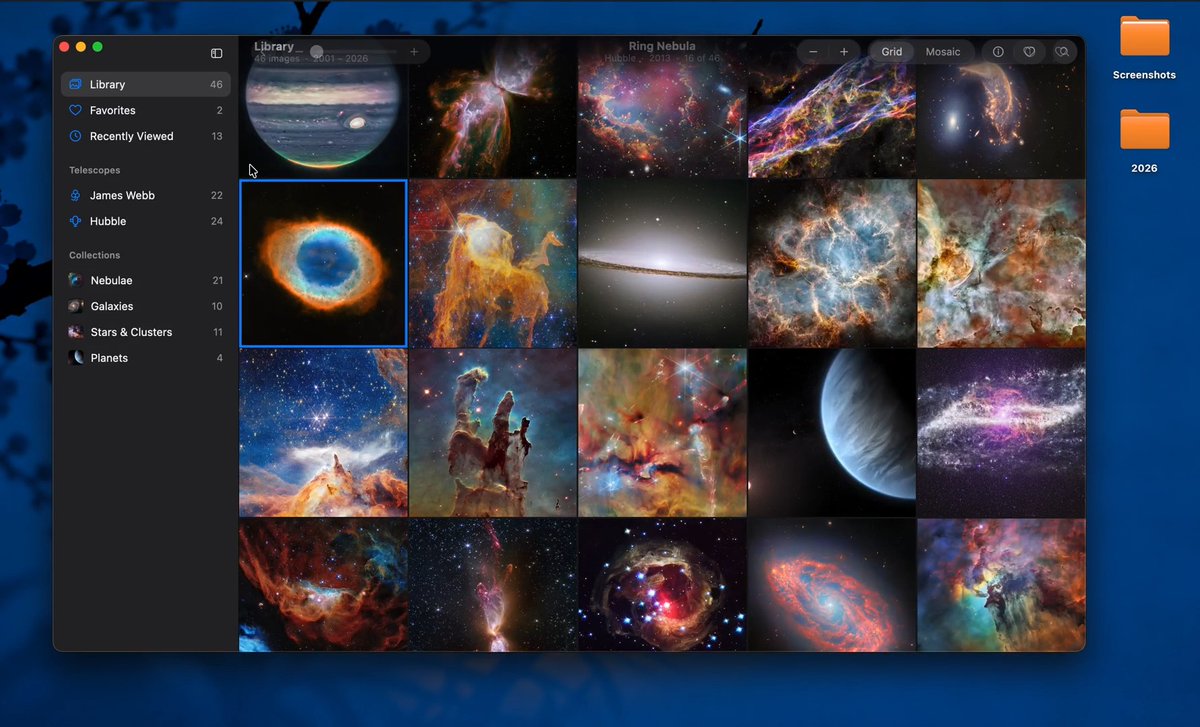 A desktop application interface titled "Library" displaying a grid of 46 stunning Hubble and James Webb telescope images organized into collections like Nebulae (21), Galaxies (10), Stars & Clusters (11), and Planets (4).
