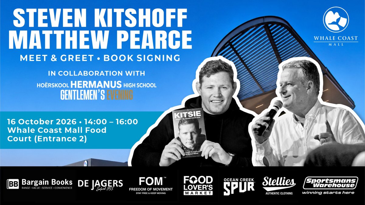 BargainBooksSA's tweet photo. We're thrilled to welcome rugby star @StevenKitshoff  and commentator Matthew Pearce to Whale Coast Mall for a meet &amp; greet!

Come say hello, snap a photo, and get your book signed.

 16 October 2026
 14:00 to 16:00

We can't wait to see you there! https://t.co/hhjNExhrCl