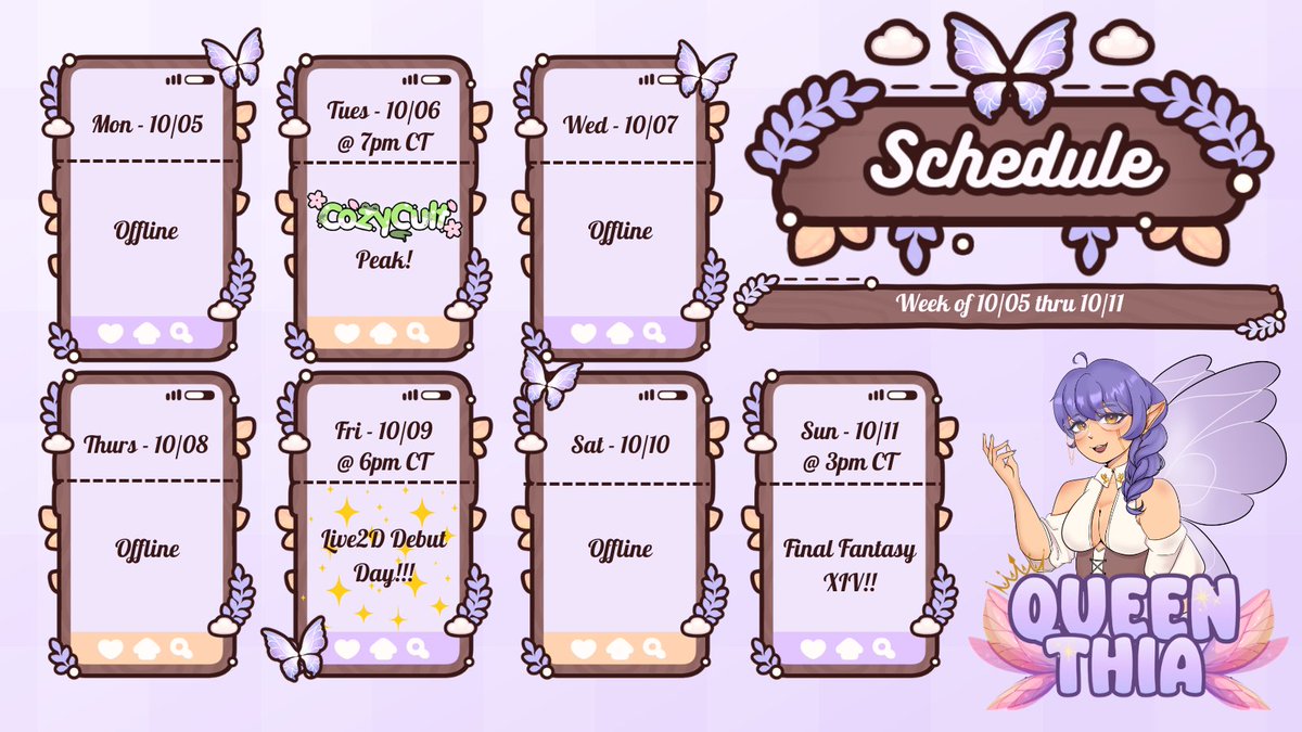 QueenThiax's tweet photo. 👑Schedule!👑

Lot's of fun things coming up this week! Especially my Live2D debut on Friday!! I hope to see you all there! https://t.co/y2C6AbpSYW