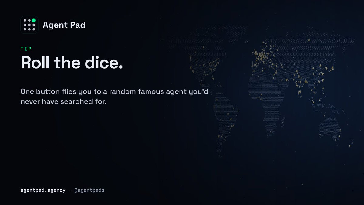 agentpads's tweet photo. tip: the 🎲 button flies you to a random famous agent. good way to find something you'd never search for.

https://t.co/5yEfBoQUmR https://t.co/9eRZHSwXaO