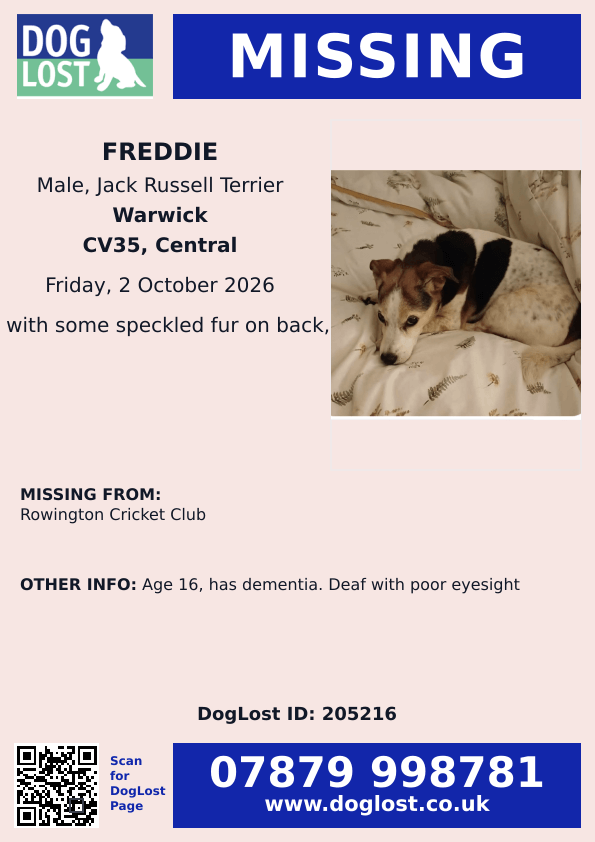 millypod1's tweet photo. 🆘2 OCT 2026 #Lost Freddie #ScanMe
ELDERLY Jack Russell Terrier Male
Age 16, has dementia. Deaf with poor eyesight
Rowington Cricket Club #Rowington #CV35
#Warwick #Warwickshire https://t.co/DMU4vV2MOM https://t.co/Bgoly7T9r4