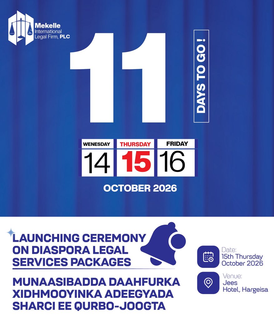 mekelle2025's tweet photo. ⏳ 𝟭𝟭 𝗗𝗔𝗬𝗦 𝗧𝗢 𝗚𝗢!

Only 𝟭𝟭 𝗱𝗮𝘆𝘀 𝘁𝗼 𝗴𝗼 until we begin an exciting new chapter in 𝗗𝗶𝗮𝘀𝗽𝗼𝗿𝗮 𝗟𝗲𝗴𝗮𝗹 𝗦𝘂𝗽𝗽𝗼𝗿𝘁. 

#12DaysToGo #DiasporaLegalServices #MekelleLegalFirm #15October2026 https://t.co/Wnak3sjSoQ