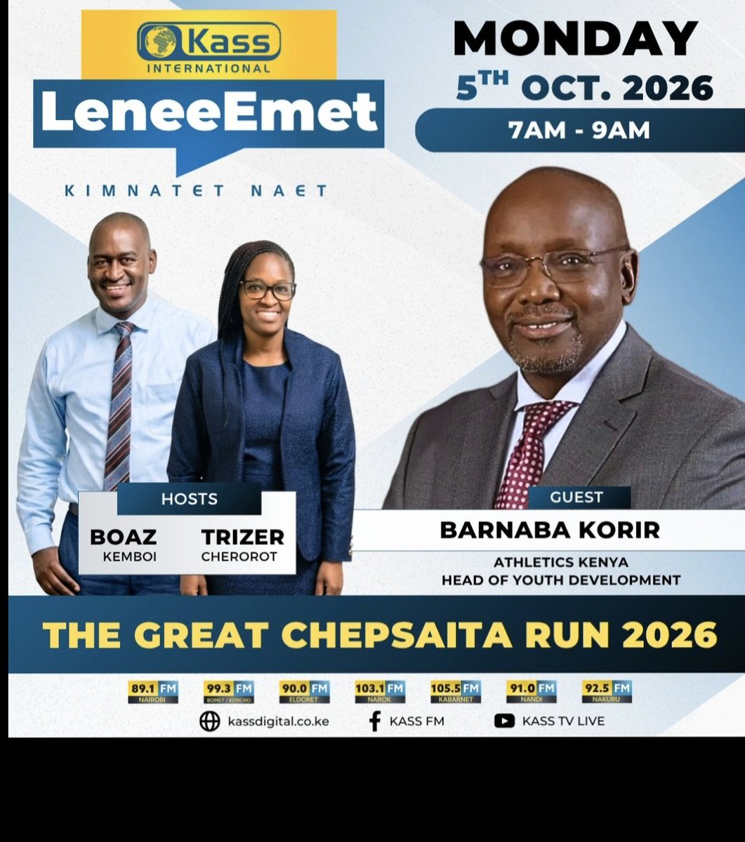 mukua_karimi's tweet photo. Tomorrow morning at 7:00 AM @KorirOfficial , @athletics_kenya Head of Youth Development, will be live on @Kass_FMOfficial to talk about The Great Chepsaita Cross Country Run, tune in!
#ChepsaitaCrossCountryRun #RunForEducation #ScholarshipRun https://t.co/3wNg8YhRBT