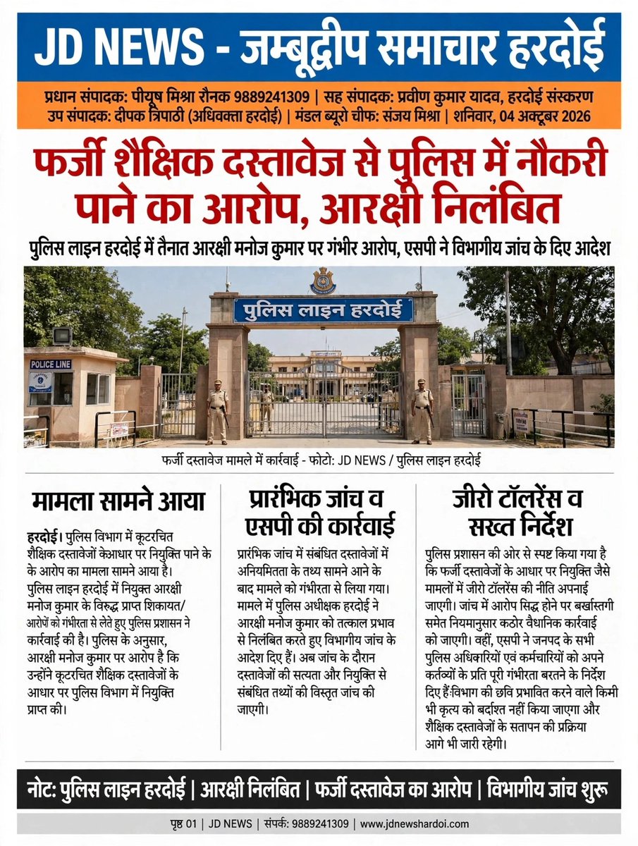 JDNEWS365's tweet photo. हरदोई: पुलिस लाइन में तैनात आरक्षी मनोज कुमार पर कूटरचित शैक्षिक दस्तावेजों के आधार पर नियुक्ति पाने का आरोप। एसपी ने तत्काल प्रभाव से निलंबित कर विभागीय जांच के आदेश दिए। जांच में आरोप सिद्ध होने पर कठोर कार्रवाई की बात।
#Hardoi #HardoiPolice #Police #BreakingNews https://t.co/IQpHhzawqu