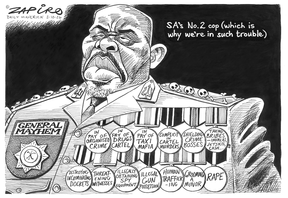 zapiro's tweet photo. Zapiro cartoon published on @dailymaverick  (2 Ocotber 2026) on Phansi Sibiya @SAPoliceService - https://t.co/7GoEg8VSC7 https://t.co/PrmAqT5Z6d