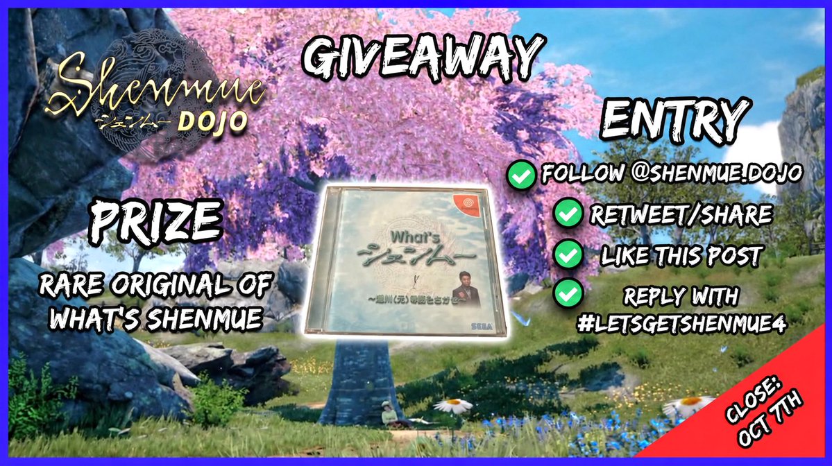 Shenmue_Dojo's tweet photo. COMPETITION! 

We have an rare copy of What's Shenmue to giveaway! 😱

To Enter:  
✅Follow the Dojo
✅Retweet/share  
✅Like  
✅Reply using #LetsGetShenmue4 

Closes October 7th!

Open WORLDWIDE! https://t.co/lFamRvhsYO