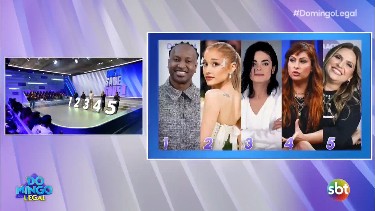 A television screen showing the SBT show 'Domingo Legal' with the hashtag #DomingoLegal, featuring a studio with people standing behind numbered placards 1-5 alongside close-up portraits of the same five celebrities.