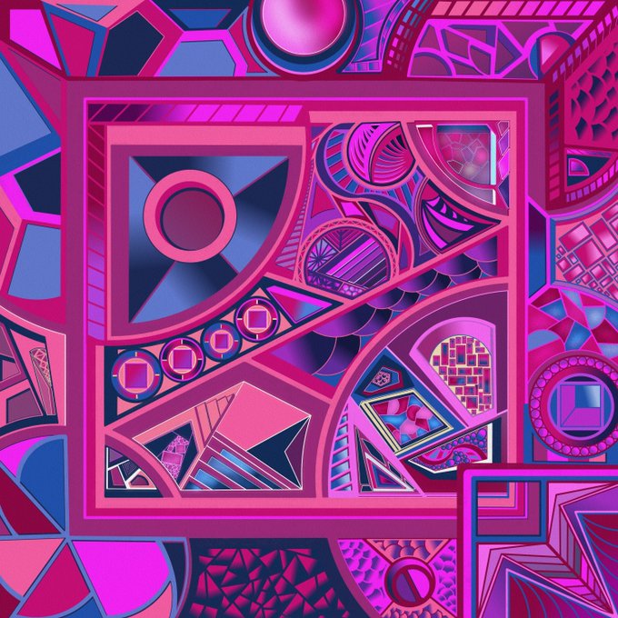 A vibrant geometric abstract digital artwork featuring pink, magenta, and blue shapes arranged in a square pattern with circles, triangles, and intricate textures.