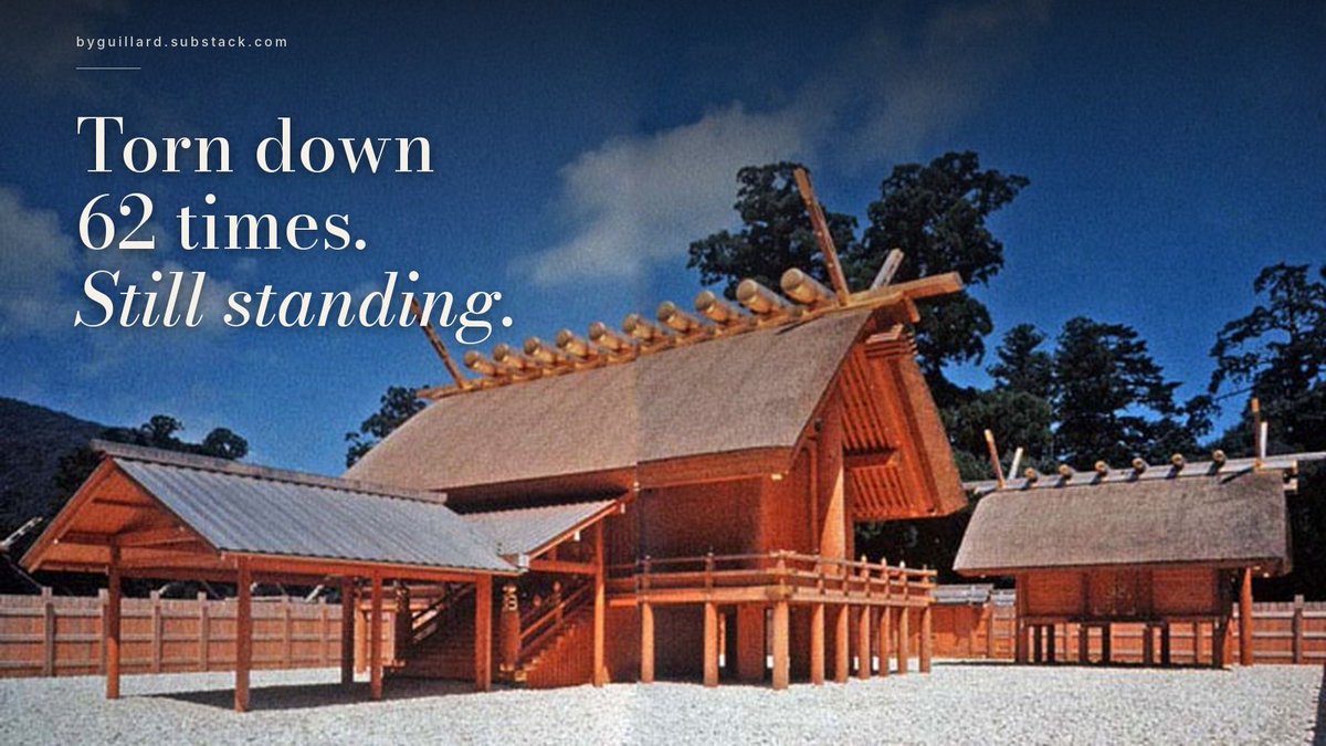 byguillard's tweet photo. There's a shrine in Japan that's been torn down and rebuilt 62 times.

It's about 1,300 years old. Its buildings are never more than 20.

What they're keeping isn't the wood, but the hands that know how to build it. https://t.co/zOh5WmgVVV
