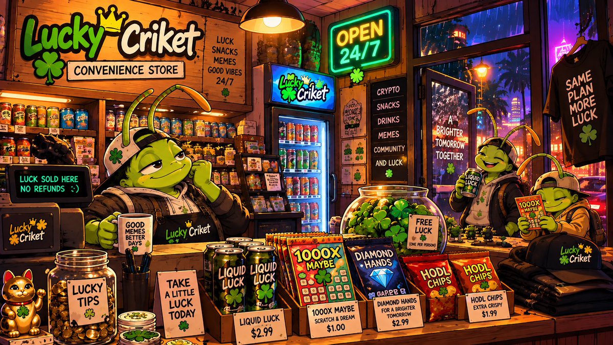criketcoin's tweet photo. Welcome to the Lucky Criket store. 🍀

We sell memes, snacks and questionable financial decisions.
Luck is free. No refunds. 😂

#LuckyCriket #criket #crypto https://t.co/cn7z5cdGhl