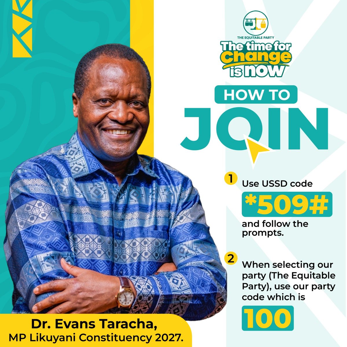 MakhanuWOliver's tweet photo. The incoming MP for Likuyani Constituency 2027, Dr. Evans Taracha, is officially in TEP, the party led by H.E. Edwin W. Sifuna, and invites you all to join the party by dialing *509# and using party code 100.
The time for change is NOW!
#ChamaYaSifuna #TimeForChangeIsNow https://t.co/FM20tVscmH
