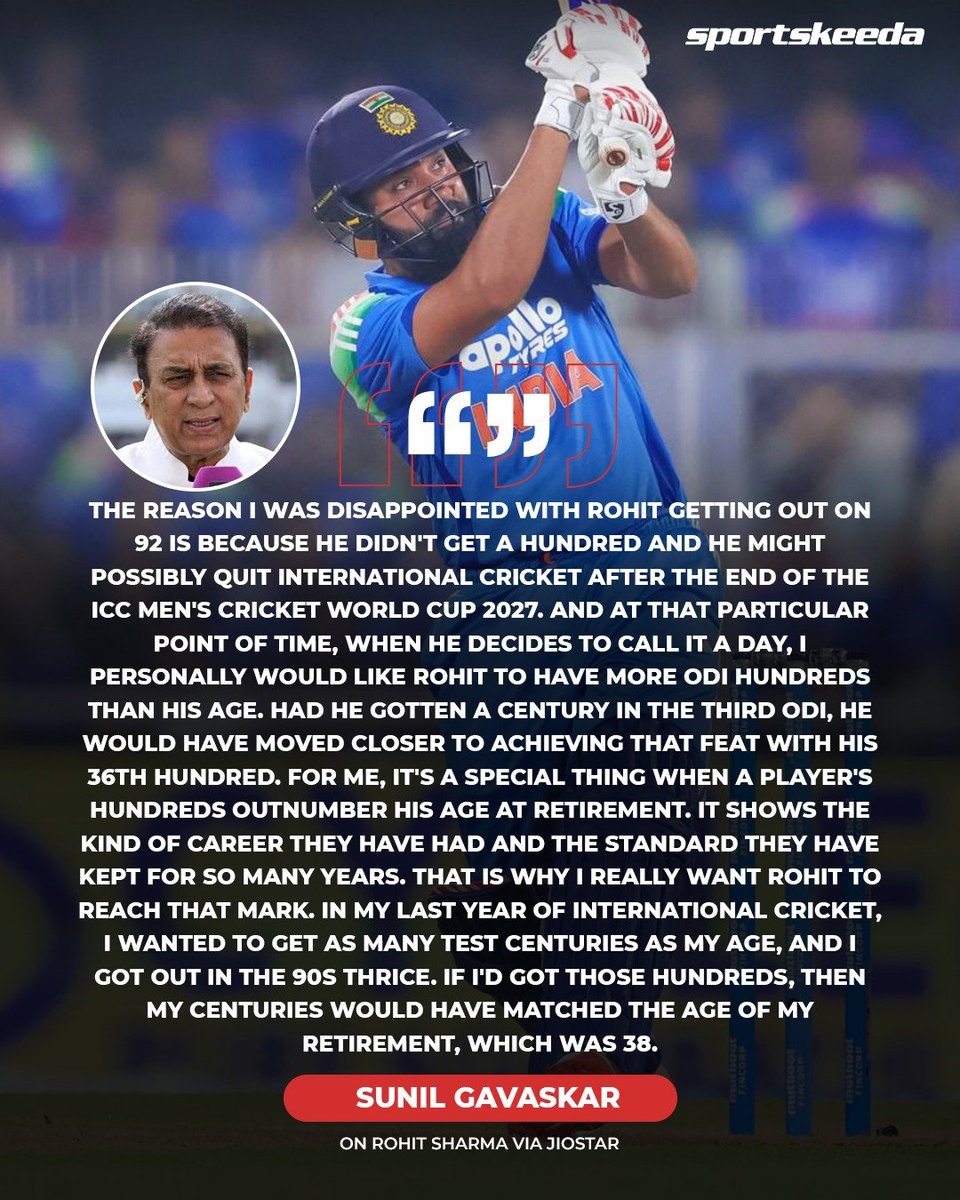 Sportskeeda's tweet photo. Sunil Gavaskar wants Rohit Sharma to retire with more international hundreds than his age. ⏳🏏

#Cricket #RohitSharma #Sportskeeda https://t.co/uFdM7mWa8S