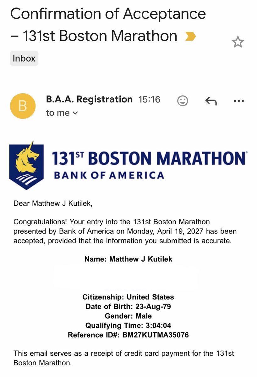 MatthewKutilek's tweet photo. Twenty three years ago, in 2003, I finished my first Marathon at Camp Lejeune, NC. With minimal training, and no runs over 13 miles, and zero understanding of nutrition or pacing, my time was abysmal. I was sore for two weeks. But I finished. 

Like all runners I soon made the goal to qualify for the Boston Marathon. No easy feat. Back then, for my age group, the qualifying time was always sub 3:10 and typically down to 3:00 hours (6:52 mile pace). 

Over the next seven years I trained continuously and ran in at least eight marathons. But no matter what I did I could never figure out the art of fueling and pacing and failed every time to hit the minimum qualifying time.  It was always extremely disappointing. But I always came back for more.

I could hit miles 20-22 at qualifying pace but, would always slow/bonk the last few miles, typically finishing around 3:14-3:19. Never good enough. Keep trying. 

In the spring of 2009 I ran the Frederick, Maryland marathon in a cold downpour,  but focused on nutrition and pacing and ran a solid negative split and finished around 3:16, but I left with confidence knowing I had finally figured out how to actually run the full 26.2 miles.  I knew I could qualify for Boston at the next Marathon. Wherever and whenever that may be. 

In mid-2009, I put focused training on pause due to an intense pre-deployment training regiment as the Weapons Company Commander and Battalion Fire Support Coordinator for Second Battalion Second Marines. 

Our battalion deployed in early October to Helmand Province, Afghanistan and other than a few short treadmill runs I put all training aside. My focus was elsewhere, including leading 300 Marines in Combat, and clearing every single indirect and direct fire for our battalion in the most kinetic area of all Afghanistan at the time. All mentally and physically exhausting. Ok. I’d  continue my pursuit of Boston when we returned. 

Then 5 March 2010 happened. 7.62x54mm bullet fired from an enemy sniper destroyed my lower right leg. Compound fracture to my tibia, two of three arteries severed, massive vascular damage, three inches of tibial nerve totally gone and half my calf muscle ripped out when the bullet and associated shock wave left my body. Losing all my blood and coming minutes from dying didn’t help the situation.  Every major component of my lower right leg was destroyed, but I was alive. 

Anyway, after 12 surgeries over two years, and hundreds of physical therapy sessions, there was literally zero prospects of ever running again. Zero. So, by the grace of God I discovered cycling, where over the next eight years I’d ride 70,000 miles and race and complete in countless gravel races.  

Many of these races covered 200, 300 and 400+ miles, over very arduous terrain, which naturally allowed me to develop into a race fueling expert and created deep reservoirs of mental and physical toughness - which would be very useful tools if I could ever run again… 

Over these ten years I covered no more then 10-20 miles running in a single year and that was only to train for and complete the required Marine Corps physical fitness test three mile run. I literally could not run. The pain was excruciating, my toes were all fused straight and would (still will not) bend, and I had minimal range of motion in my foot and ankle, half my calf muscle was gone,  blah blah blah… 

It took a very long time to come to grips with the fact the sniper took the joy and suffering of running away from my life. Especially frustrating was not being able to run with my young daughters. While I loved and lived cycling (understatement lol) I still missed the solitude and peace of running in God’s creation and training for races. (Thread in comments)…
