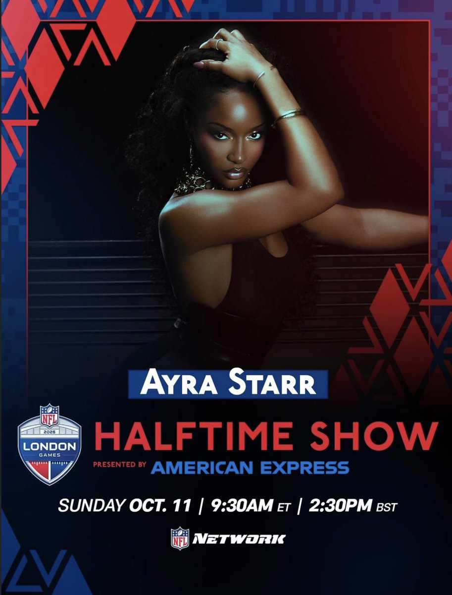 ayrastarrdailyy's tweet photo. Exactly a week today, Ayra Starr will headline the halftime show at the NFL London game at Tottenham Stadium .🏟️

—Making history as the FIRST Afrobeats artist to headline an international NFL halftime show.⭐️ https://t.co/wvPdzLxzQa