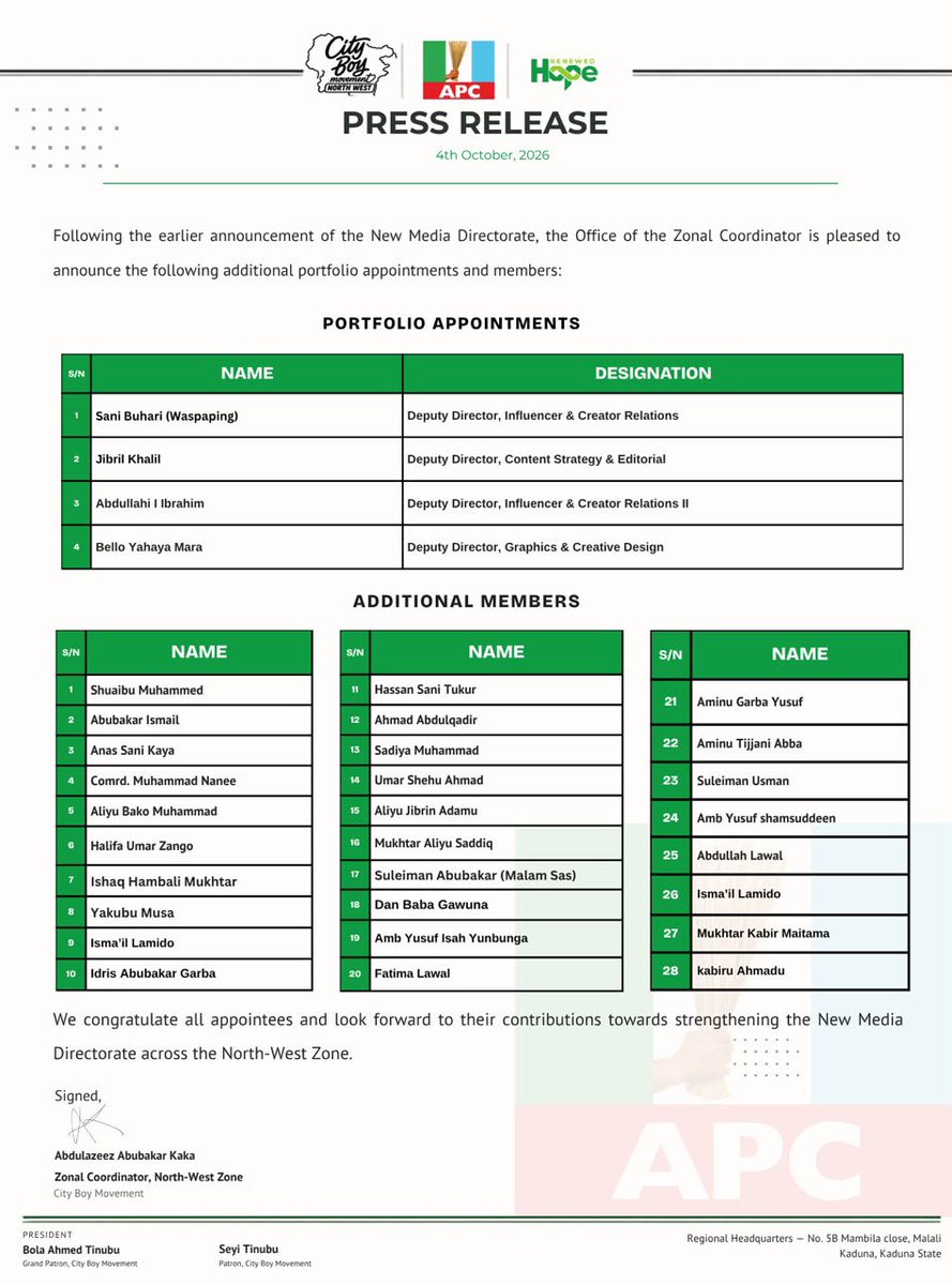 ameerahsunusi's tweet photo. OFFICIAL ANNOUNCEMENT

The Office of the Zonal Coordinator, City Boy Movement North-West, is pleased to announce the latest appointments and additional members of the North-West Zone New Media Directorate. https://t.co/IfeP8jyUjg