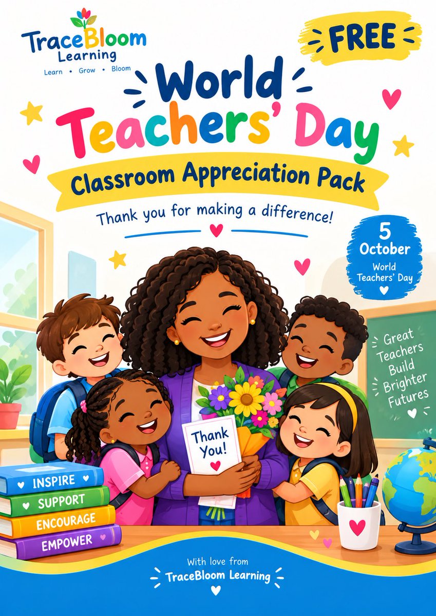 TracebloomL's tweet photo. Celebrate World Teachers’ Day with our FREE 8-page Classroom Appreciation Pack! Includes thank-you cards, creative activities, appreciation hearts &amp; stars, and a teacher certificate.

Get it FREE on TES:
https://t.co/q2dMqhnUKH

#WorldTeachersDay #FreeTeacherResources #TraceBloom https://t.co/DVFTIojkYP